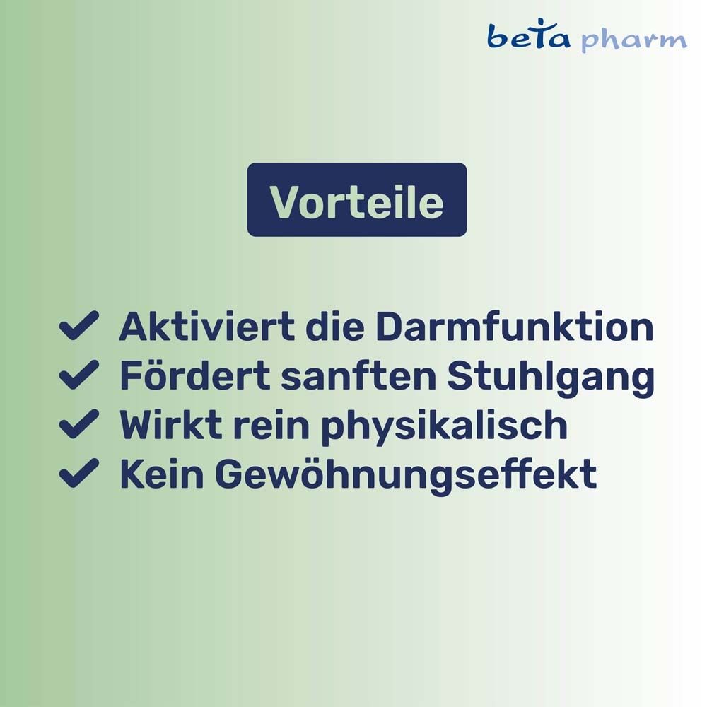 Text: Vorteile. Aktiviert Darmfunktion, fördert Stuhlgang, wirkt physikalisch, kein Gewöhnungseffekt. Beta pharm Logo.