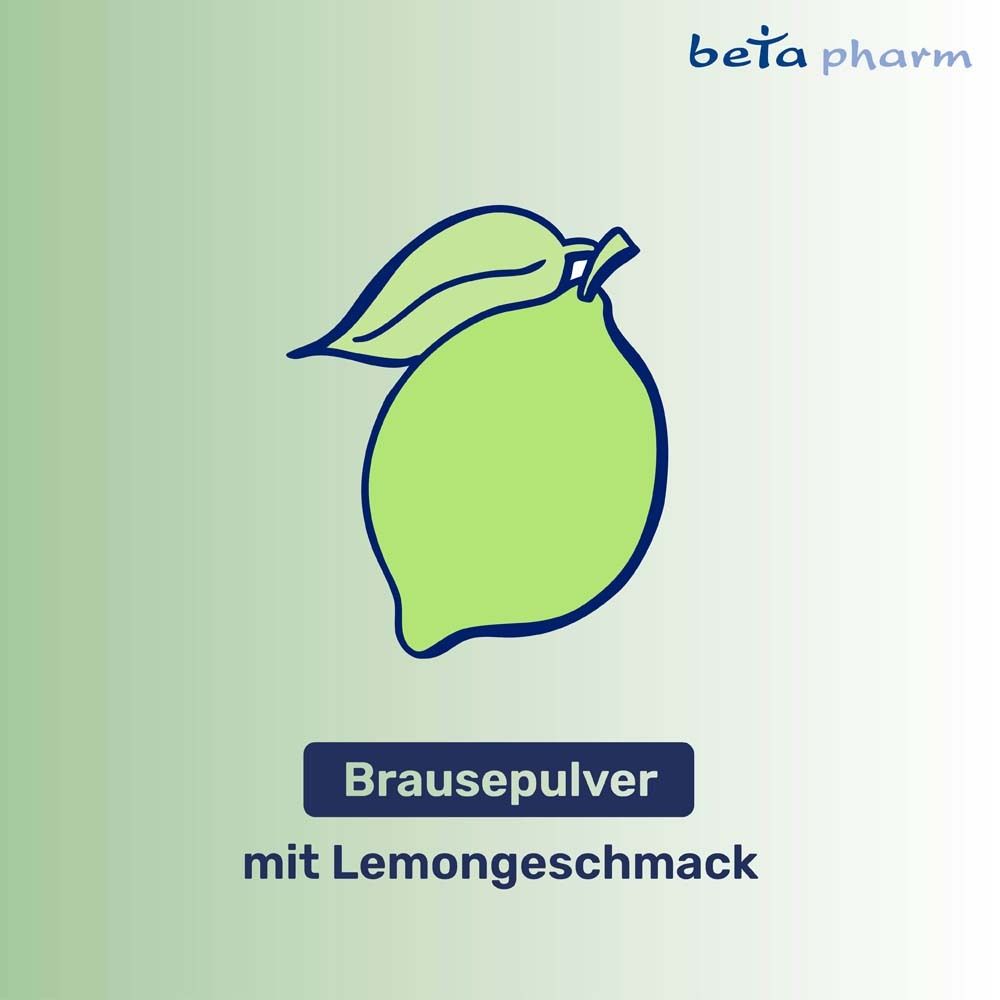 Illustration einer Zitrone. Text: Brausepulver mit Zitronengeschmack. Beta pharm Logo.