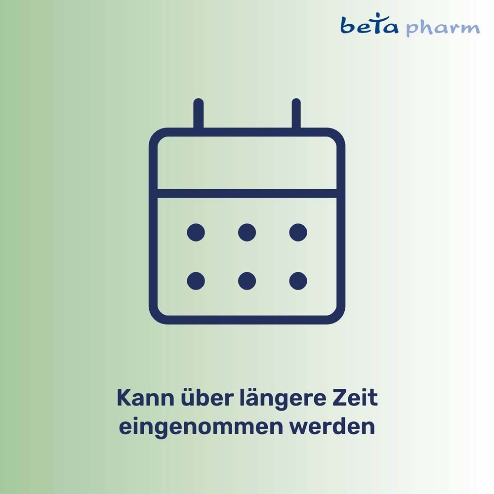 Kalender-Symbol. Text: Kann über längere Zeit eingenommen werden. Beta pharm Logo.