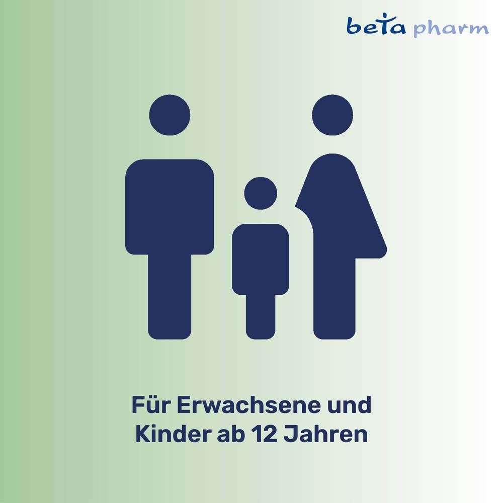 Illustration von Familie. Text: Für Erwachsene und Kinder ab 12 Jahren. Beta pharm Logo.