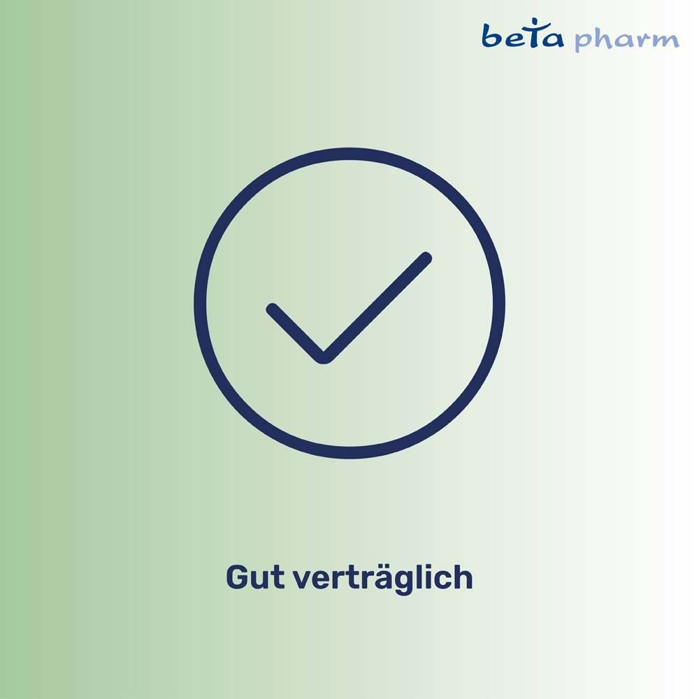 Häkchen-Symbol. Text: Gut verträglich. Beta pharm Logo.