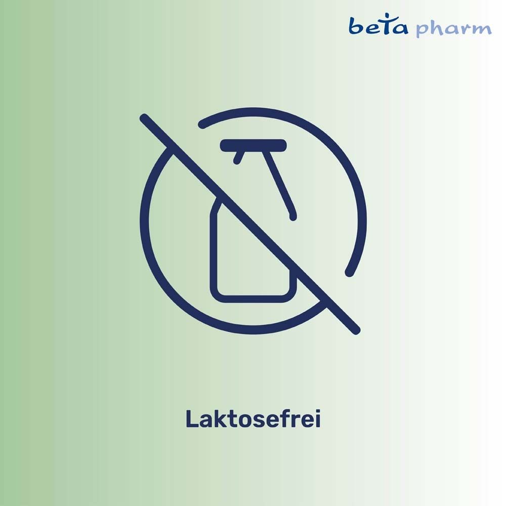 Durchgestrichenes Flaschen-Symbol. Text: Laktosefrei. Beta pharm Logo.
