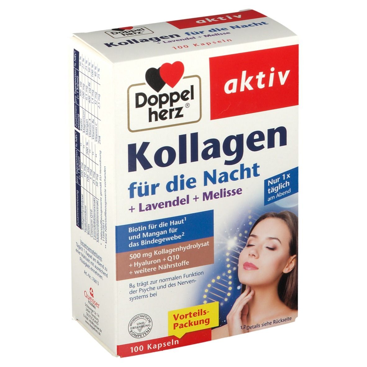 Verpackung von Doppelherz aktiv Kollagen für die Nacht. Enthält 100 Kapseln. Aufdrucke: aktiv, Lavendel + Melisse, 1x täglich.