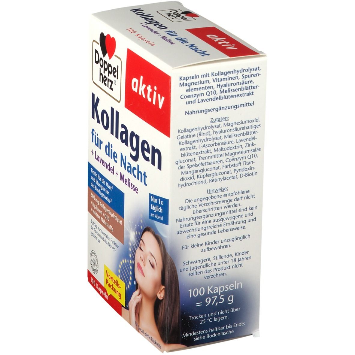 Verpackung von Doppelherz aktiv Kollagen für die Nacht. Enthält 100 Kapseln. Rückseite mit Inhaltsstoffen und Nährwertangaben.