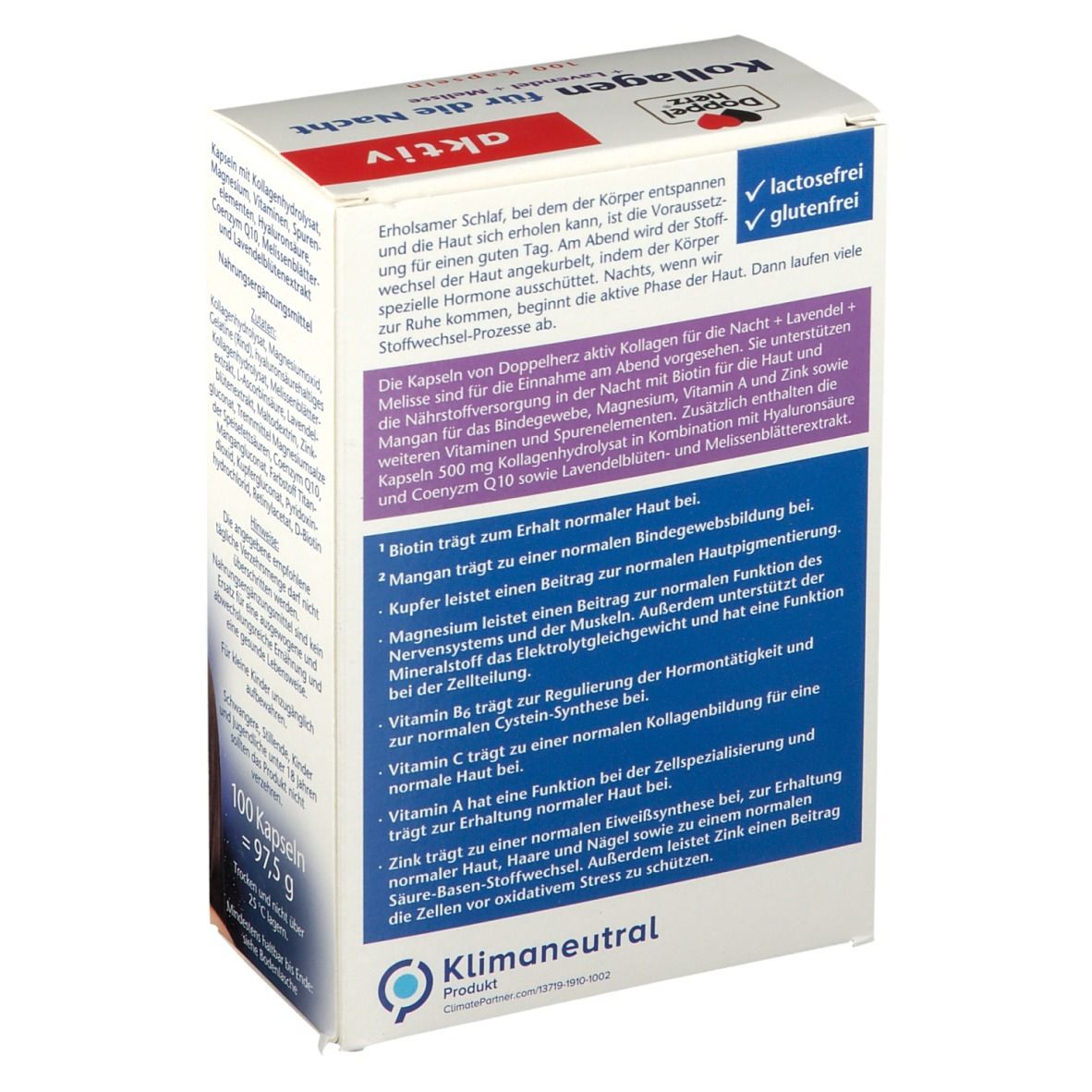 Rückseite der Verpackung von Doppelherz aktiv Kollagen für die Nacht. Informationen zu Inhaltsstoffen und Anwendung.