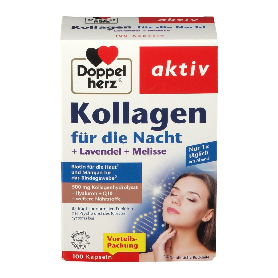 Verpackung von Doppelherz aktiv Kollagen für die Nacht. Enthält 100 Kapseln. Aufdrucke: aktiv, Lavendel + Melisse, 1x täglich.