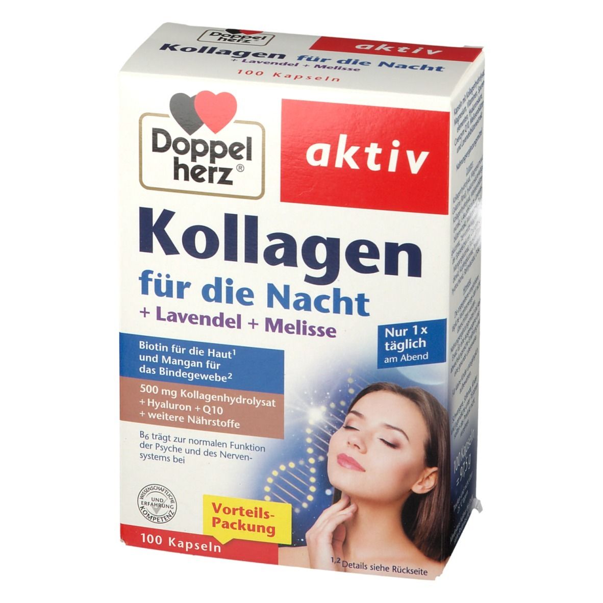 Verpackung von Doppelherz aktiv Kollagen für die Nacht. Enthält 100 Kapseln. Aufdrucke: aktiv, Lavendel + Melisse, 1x täglich.