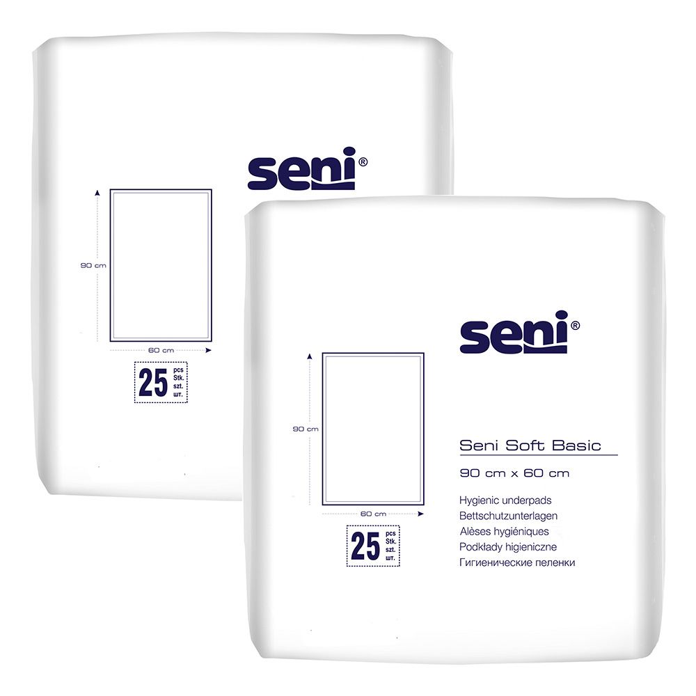 Zwei Packungen Seni Soft Basic Hygienische Bettschutzunterlagen, 25 Stück pro Packung, 60x90 cm.