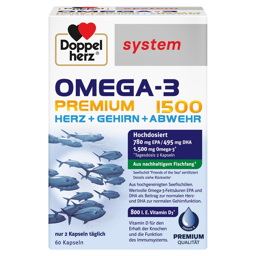 Schachtel mit Doppelherz Omega-3 Premium 1500. Enthält 60 Kapseln. Aufdruck: Herz, Gehirn, Abwehr. Hochdosiert.