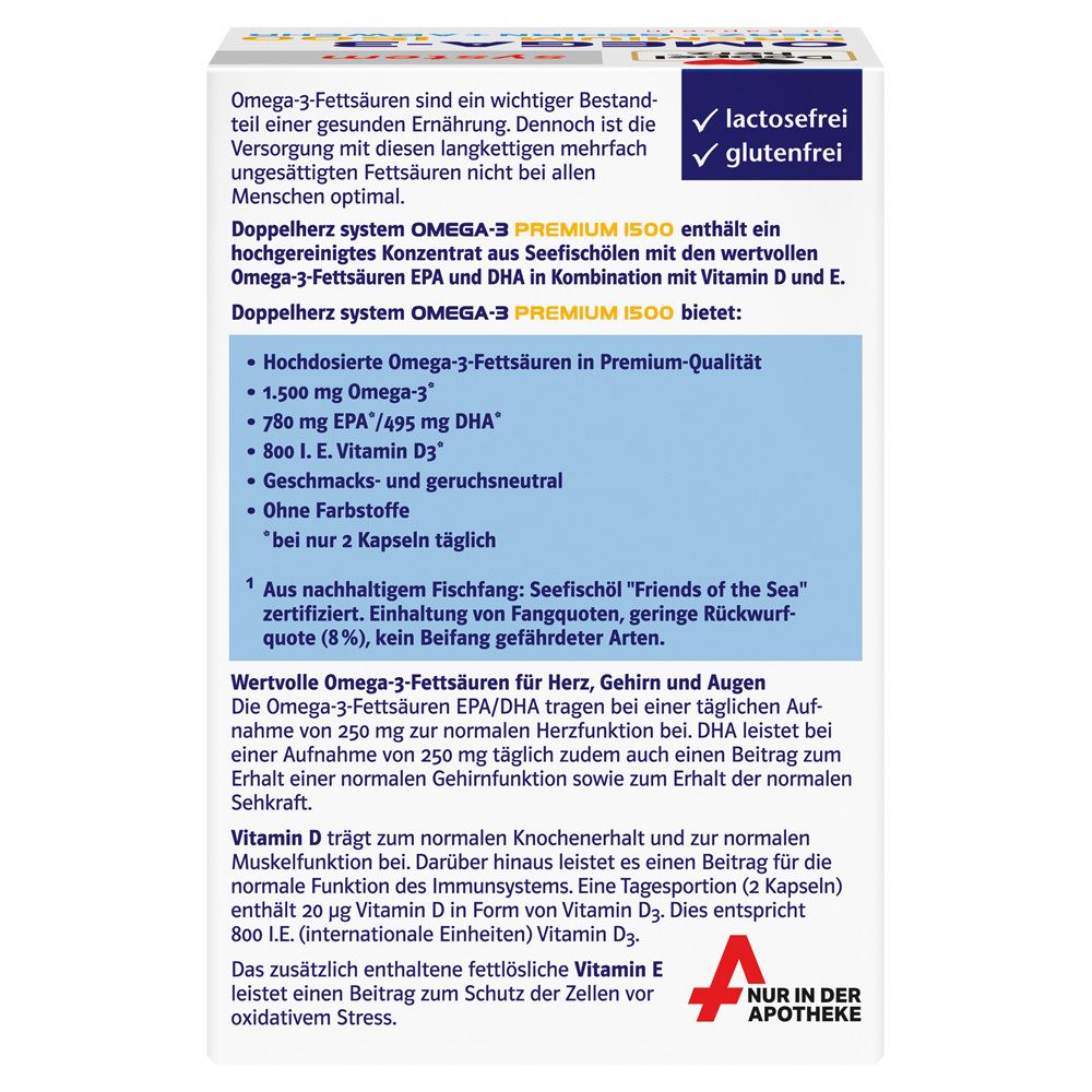 Rückseite der Verpackung von Doppelherz Omega-3 Premium 1500. Text über Inhaltsstoffe, Vorteile und Hinweise.