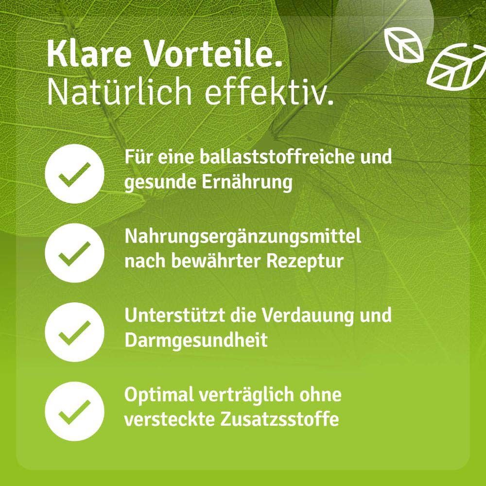Grafik mit Text und Icons. Grün-weißer Hintergrund. Vorteile: ballaststoffreich, Verdauung, ohne Zusatzstoffe.