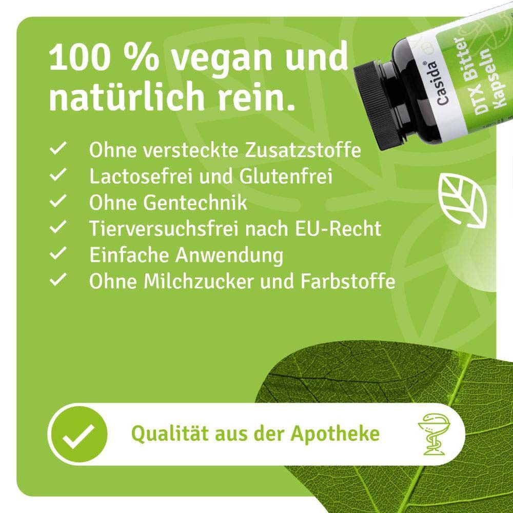 Grafik mit Text und Icons. Grün-weißer Hintergrund. 100% vegan, ohne Zusatzstoffe, ohne Gentechnik.