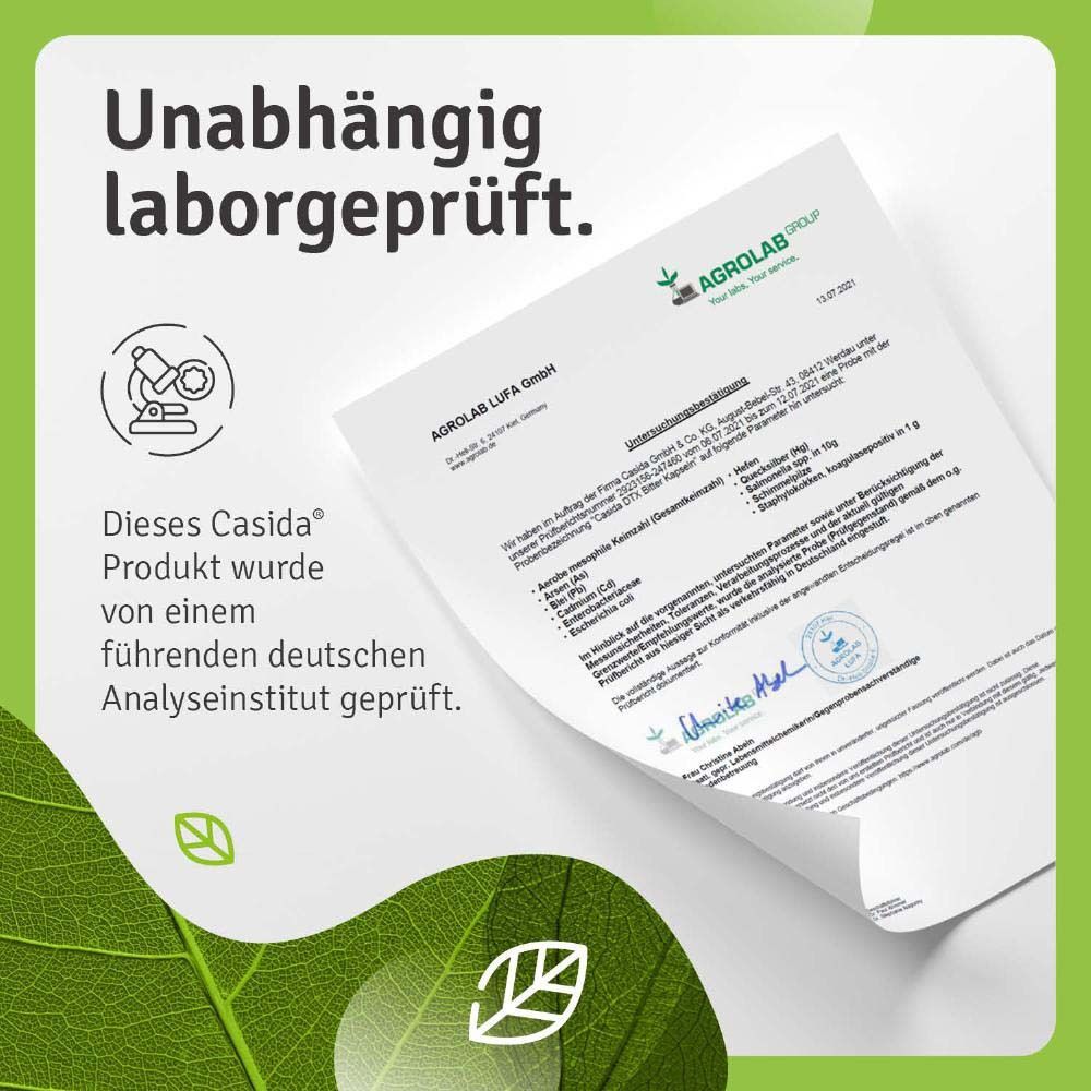 Zertifizierungsdokument. Grün-weißer Hintergrund mit Blättern. Agrolab LUFA. Geprüftes Casida Produkt.
