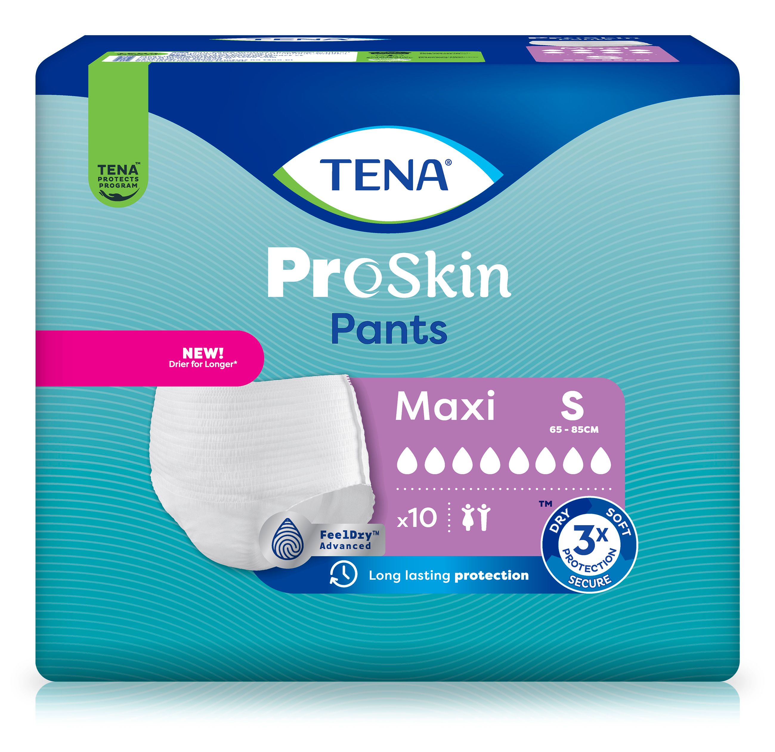 TENA ProSkin Pants Maxi S. Inkontinenz-Pants, weiß. Packung mit 10 Stück. Größe S, 65-85cm.