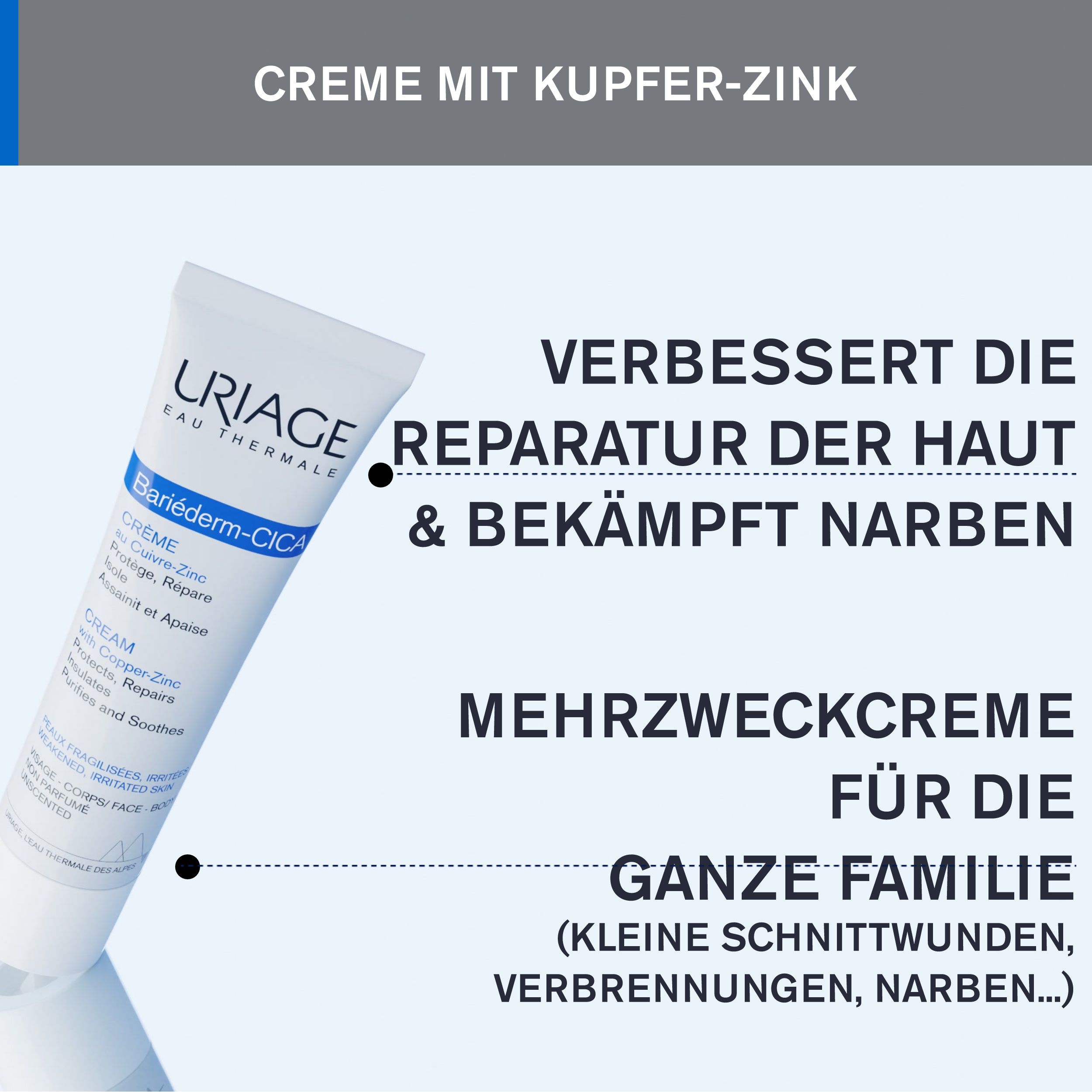 Vorher-Nachher-Vergleich. Narben. Text: Repariert & verbessert das Hautbild von Narben. Klinische Bilder.