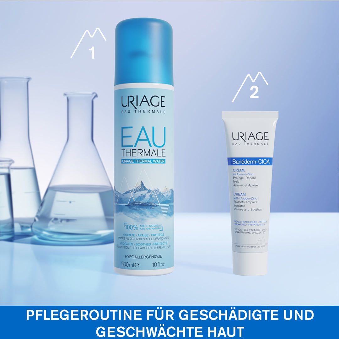 Hintergrund mit Bergen. Text: Entwickelt und empfohlen von Dermatologen. Für Krebstherapie. Parfümfrei. Hohe Verträglichkeit.