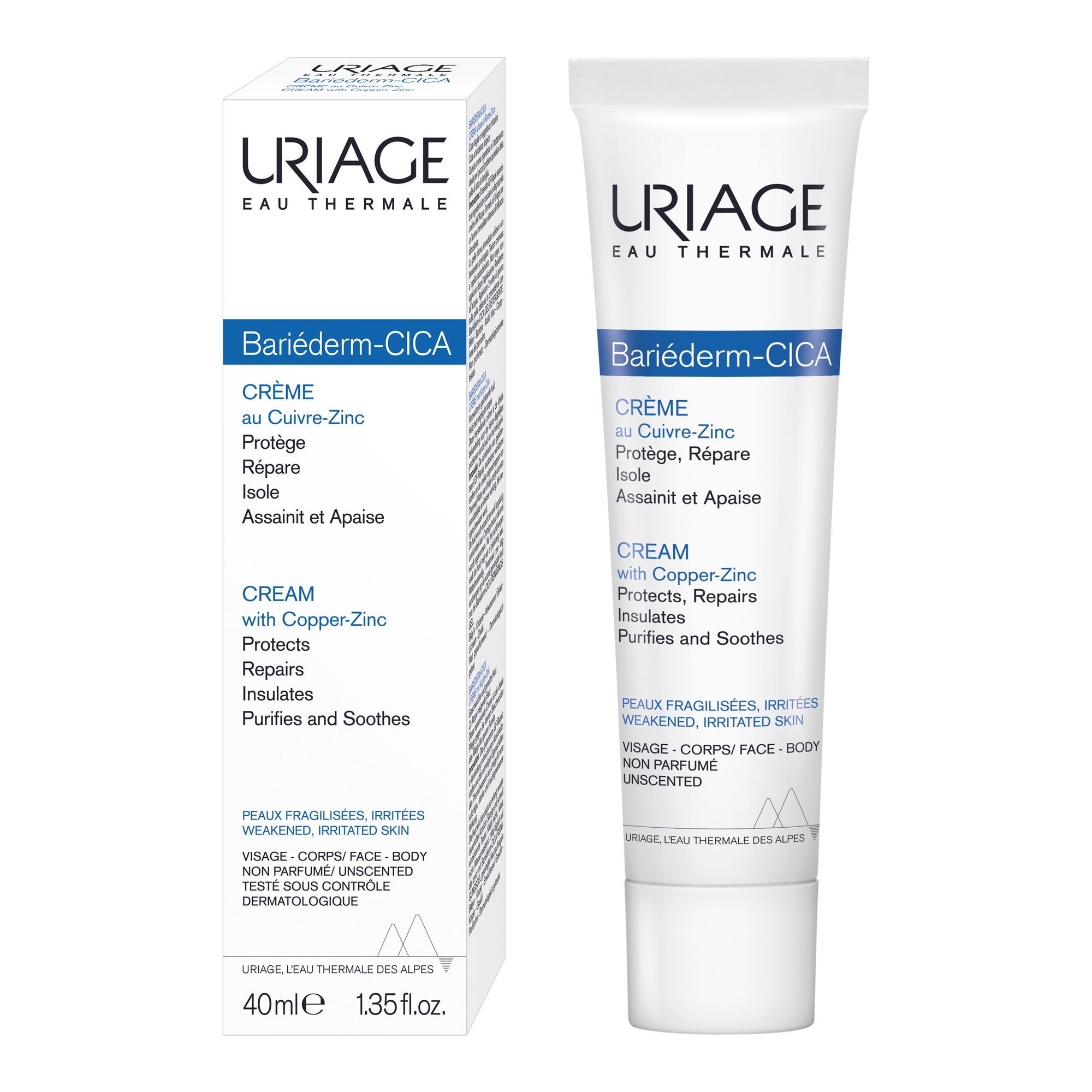 Zwei Produkte. URIAGE Eau Thermale und BARIÉDERM-CICA Creme. Text: Pflegeroutine für geschädigte und geschwächte Haut.