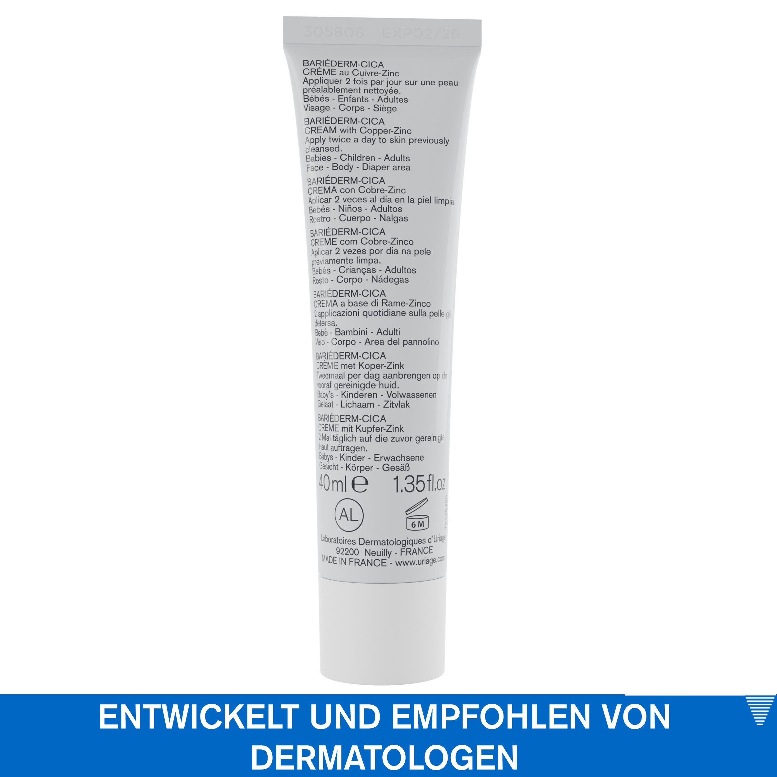 Creme-Tube. URIAGE-Logo. BARIÉDERM-CICA Creme. Text: Crème au Cuivre-Zinc. Empfohlen von Hautärzten.