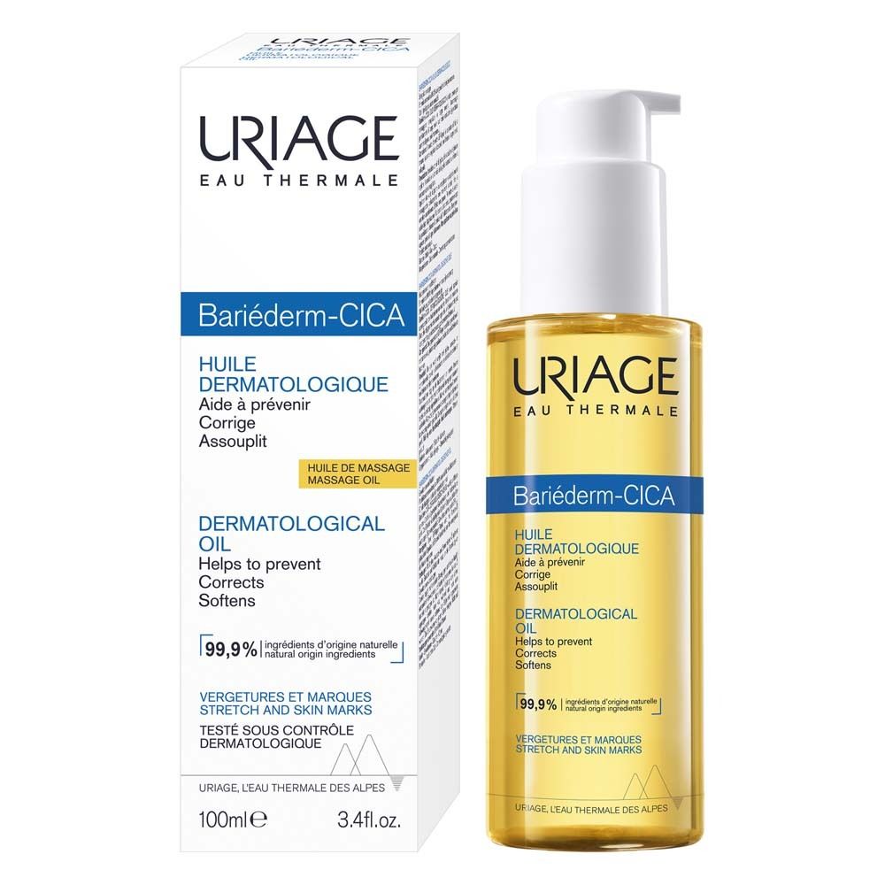 URIAGE® Bariéderm-CICA Öl. Flasche und Verpackung. Weißer Karton. Text und Produktabbildung.