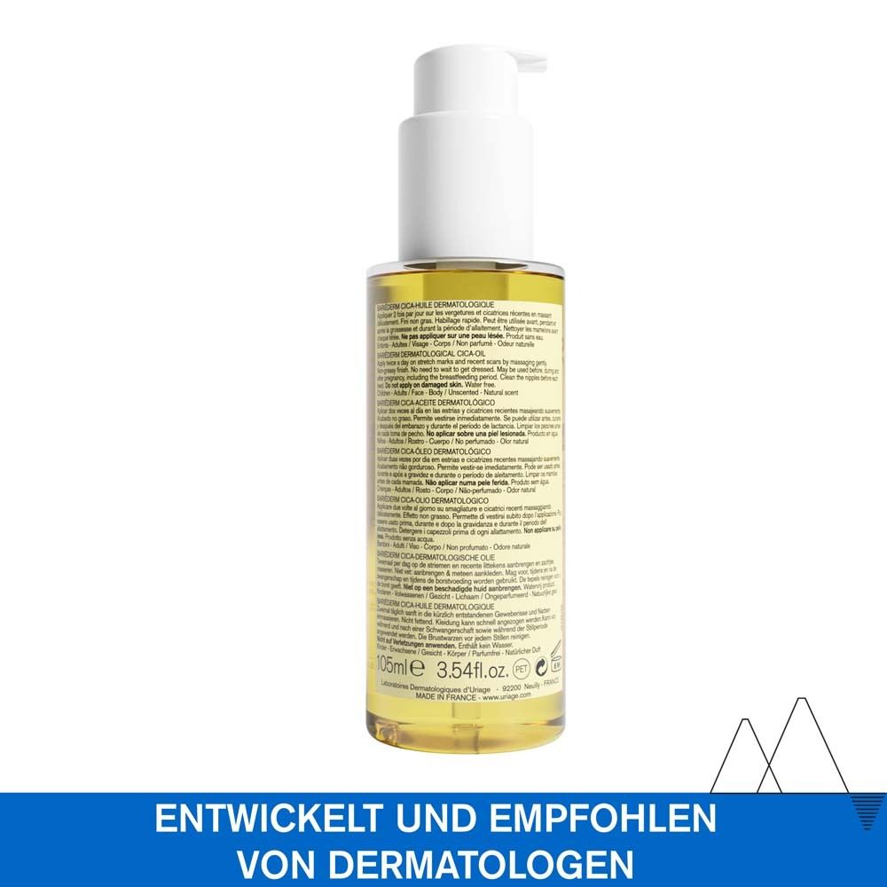 URIAGE® Bariéderm-CICA Öl. Rückseite der Flasche. Text. Entwickelt und empfohlen von Dermatologen.