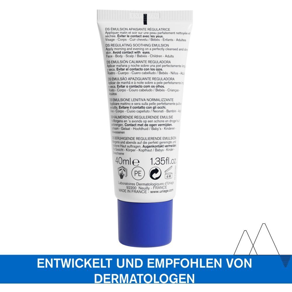 Rückseite der Uriage DS Emulsion Tube. Text in mehreren Sprachen. 40ml, 1.35 fl.oz. Made in France. Dermatologisch getestet.