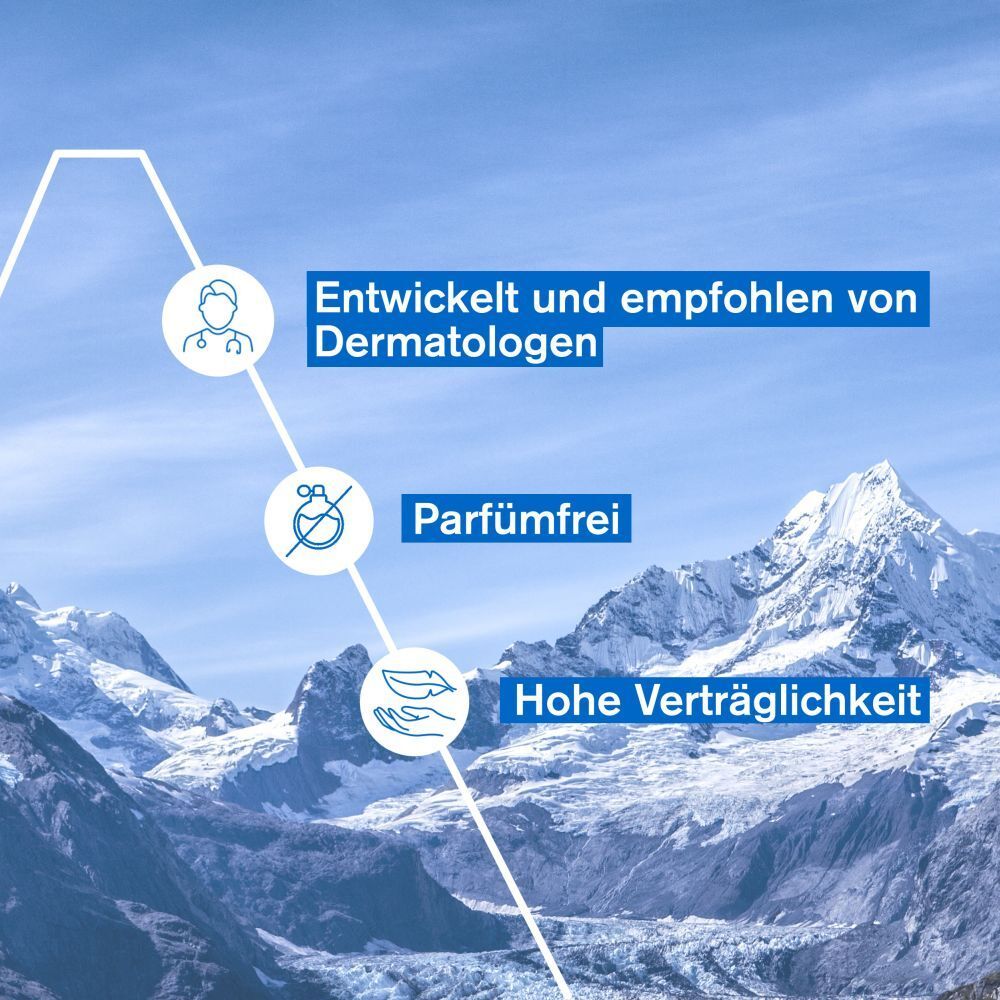 Infografik. Text: Entwickelt von Dermatologen, parfümfrei, hohe Verträglichkeit. Berge im Hintergrund.