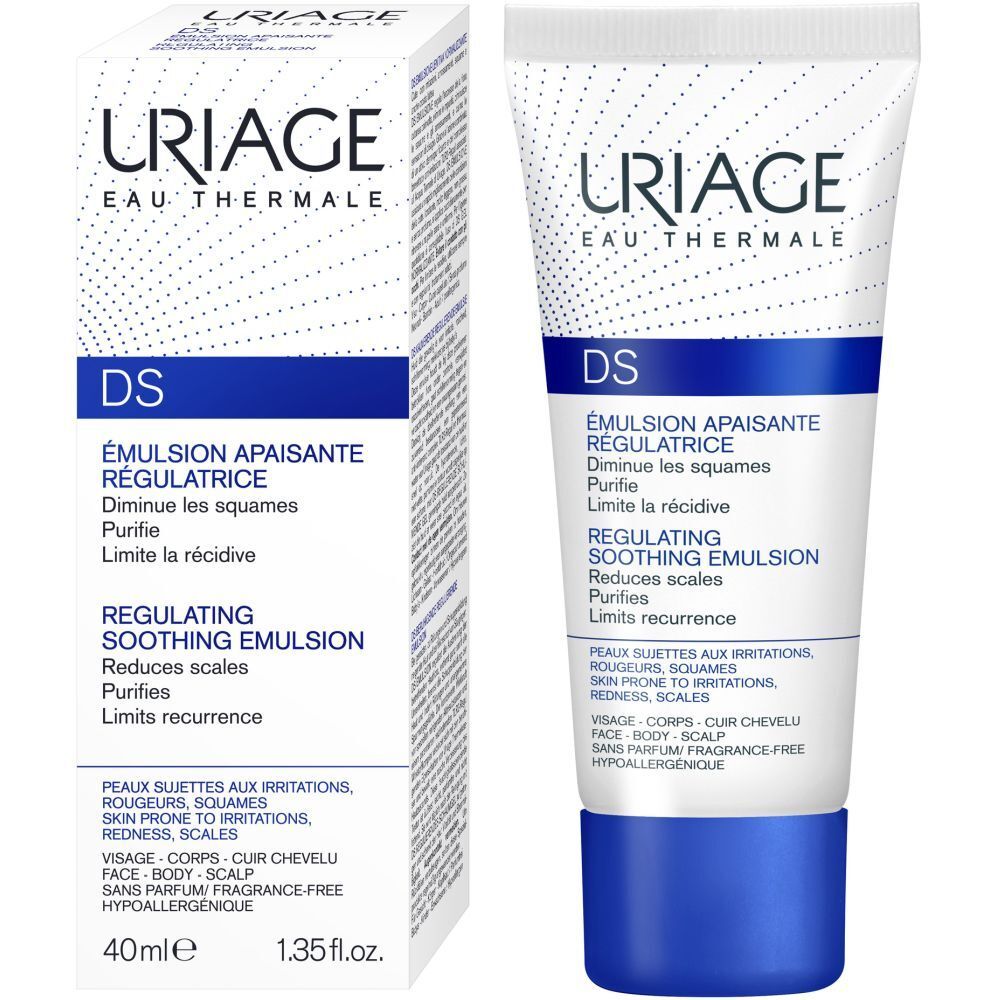 Uriage DS Emulsion Tube und Verpackung. Weiß, blau. Text: DS, Emulsion, reduziert Schuppen, reinigt, begrenzt Wiederauftreten.