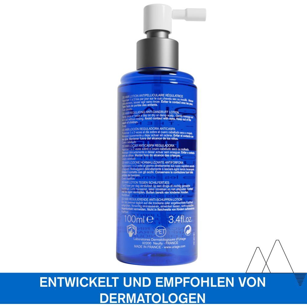 Rückseite des blauen Spenders. Enthält Produktinformationen und "Entwickelt und empfohlen von Dermatologen".