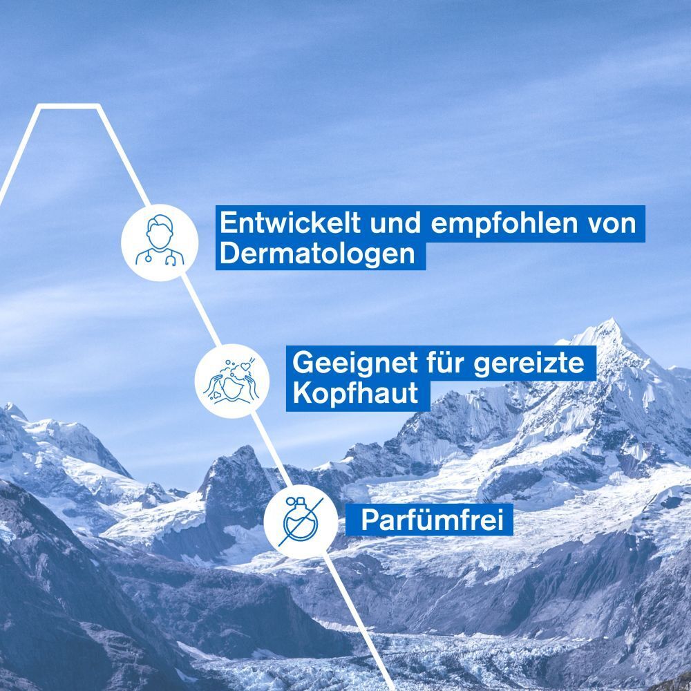 Text: Entwickelt und empfohlen von Dermatologen. Geeignet für gereizte Kopfhaut. Parfümfrei.
