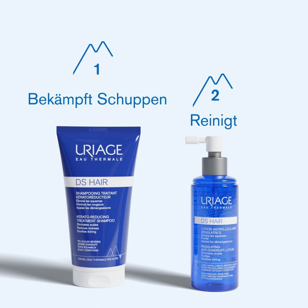 Zwei Produkte: Uriage DS HAIR Shampoo und Lotion. Text: Bekämpft Schuppen. Reinigt.