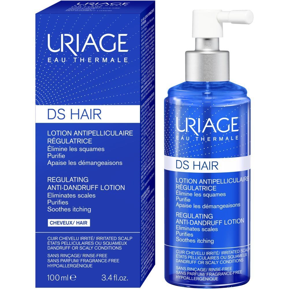 Blaue Schachtel und Flasche. Text: URIAGE DS HAIR, Lotion antipelliculaire. 100 ml, 3.4 fl.oz.