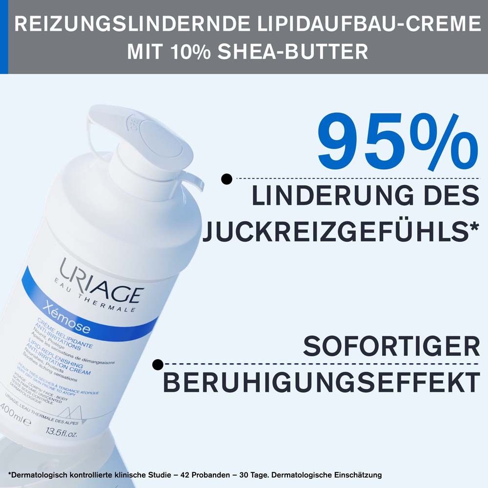 Weiße Flasche mit Pumpe. Uriage Xémose Creme. Text: 95% Linderung des Juckreizgefühls. Sofortiger Beruhigungseffekt.