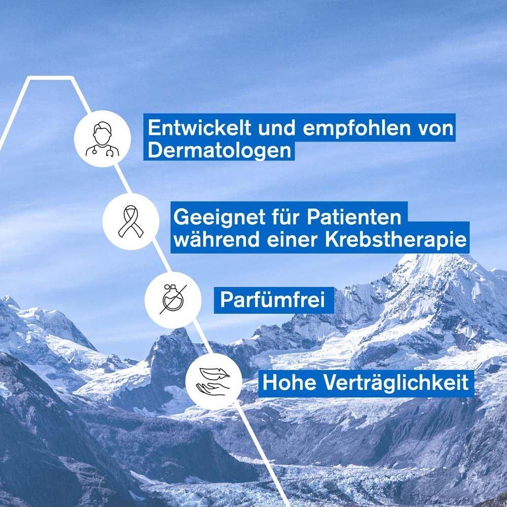 Grafik mit Bergen. Text: Entwickelt und empfohlen von Dermatologen. Parfümfrei. Hohe Verträglichkeit.