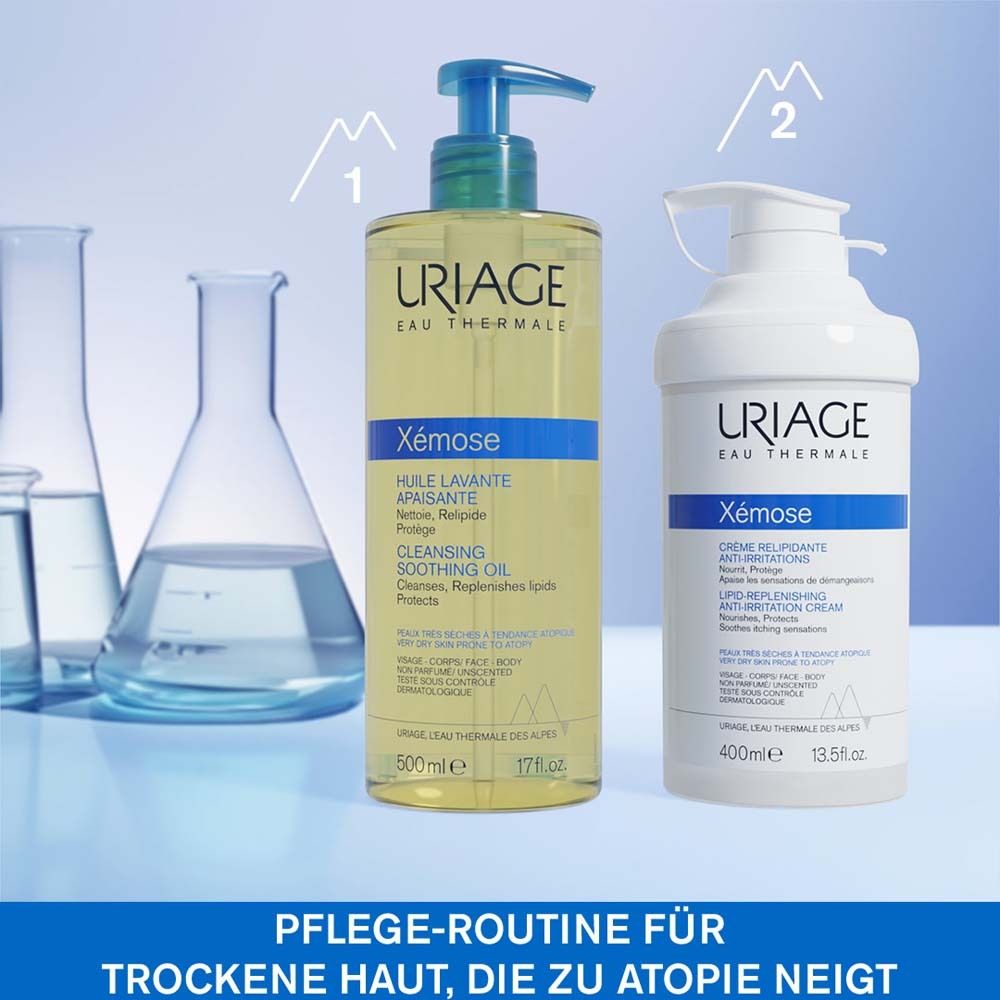 Zwei Flaschen. Uriage Xémose Öl und Creme. Pflege-Routine für trockene Haut, die zu Atopie neigt.