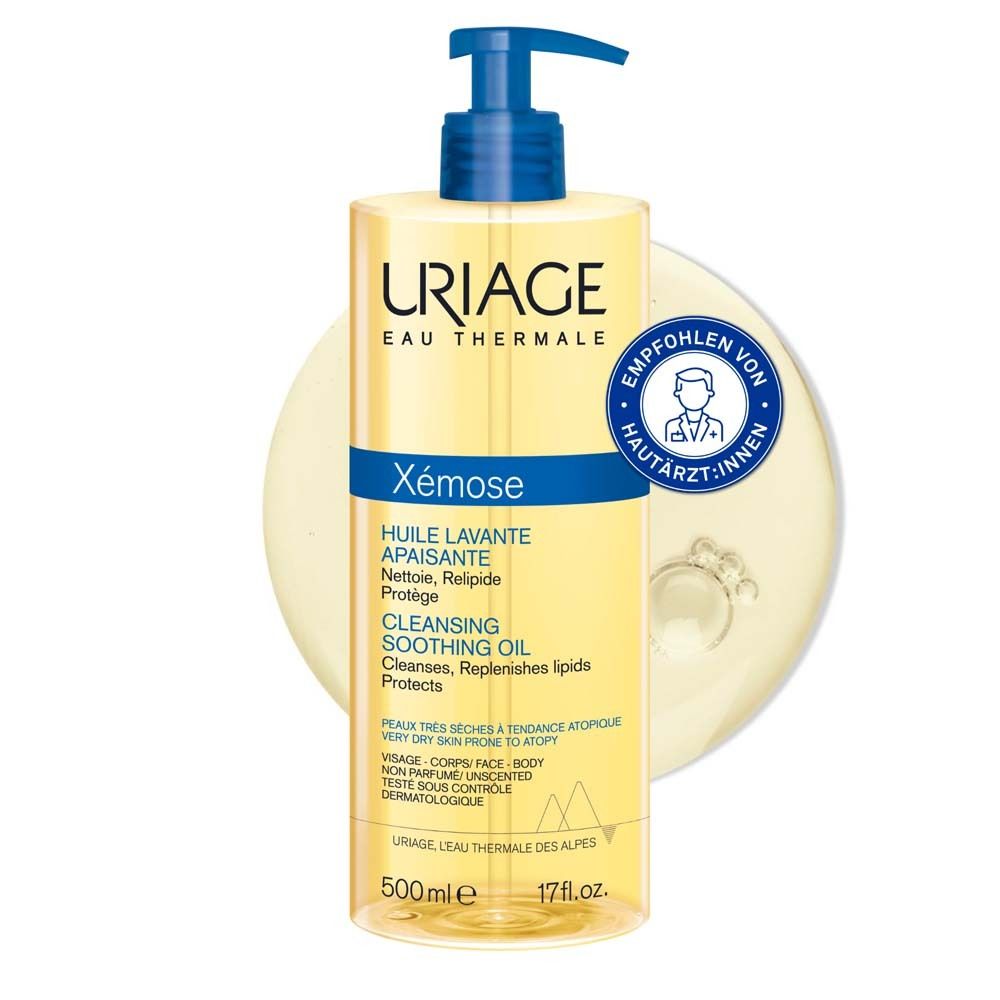Uriage Xémose Reinigungsöl. Flasche mit blauem Pumpverschluss. 500ml. Empfohlen von Hautärzt:innen.