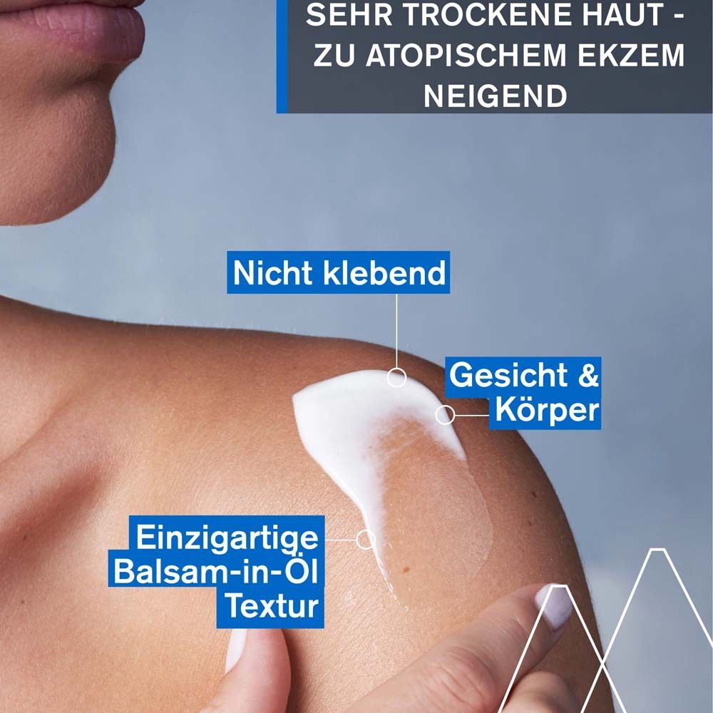 Produkt auf Haut aufgetragen. Text: Nicht klebend, einzigartige Balsam-in-Öl Textur. Für Gesicht & Körper.