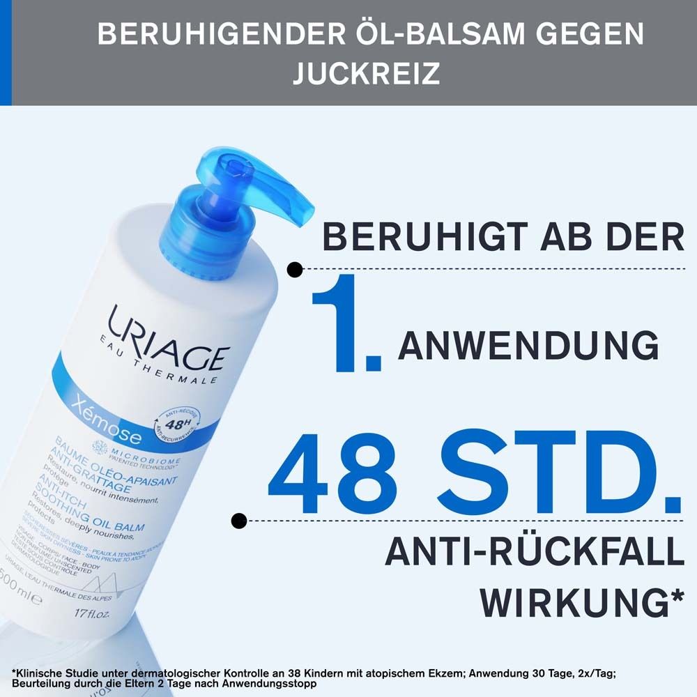 Produktflasche. Text: Beruhigender Öl-Balsam gegen Juckreiz. Beruhigt ab der 1. Anwendung, 48 Std. Anti-Rückfall Wirkung.