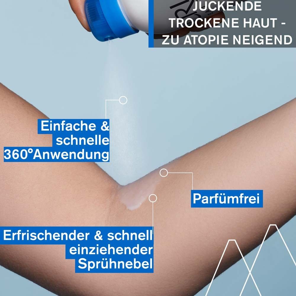 Arm mit Sprühnebel. Text: Einfache & schnelle 360° Anwendung. Erfrischender & schnell einziehender Sprühnebel. Parfümfrei.