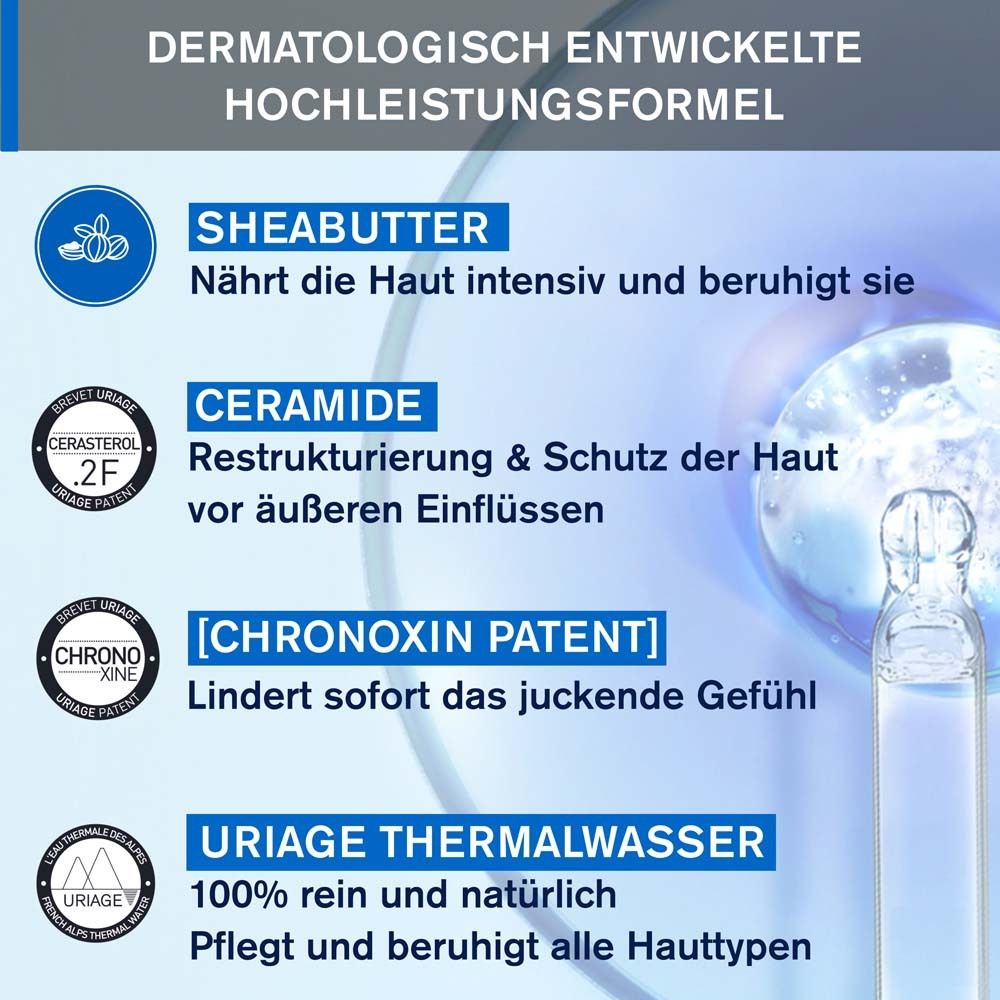 Grafik mit Inhaltsstoffen. Shea Butter, Ceramide, Chronoxin Patent, Uriage Thermalwasser. Text: Dermatologisch entwickelte Hochleistungsformel.