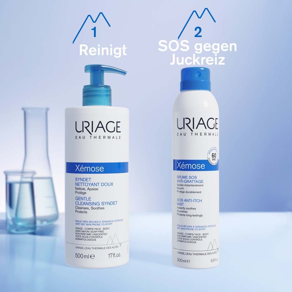 Zwei Produkte: Uriage Xémose Syndet und SOS Anti-Juckreizspray. Text: Reinigt, schützt. SOS gegen Juckreiz.