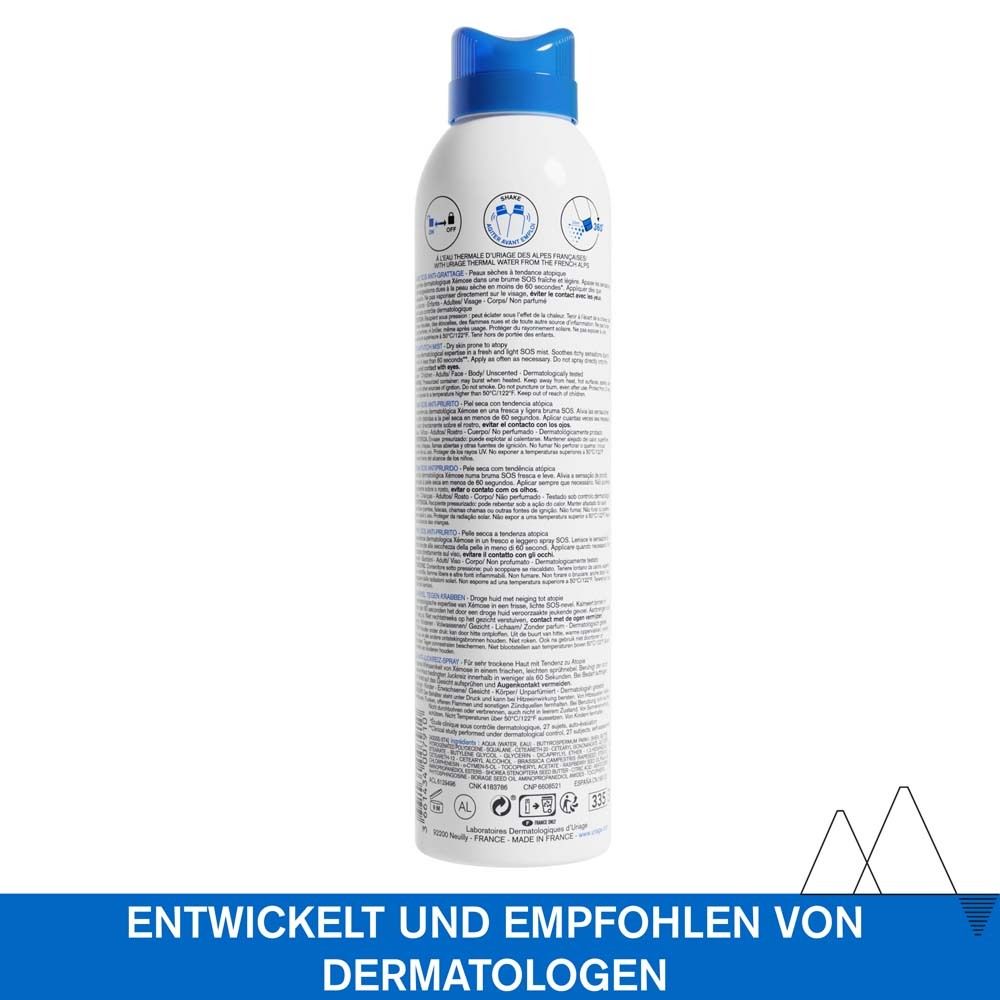 Rückseite des Sprays. Text: Entwickelt und empfohlen von Dermatologen. Inhaltsstoffe, Anwendungshinweise.