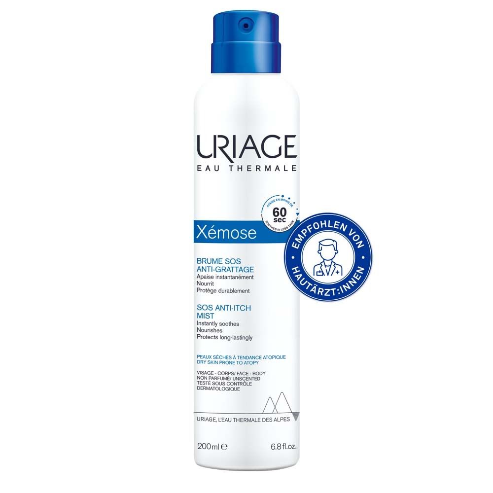 Weißes Spray mit blauem Deckel. Aufschrift: URIAGE, Xémose, SOS Anti-Juckreizspray. Empfohlen von Hautärzten.