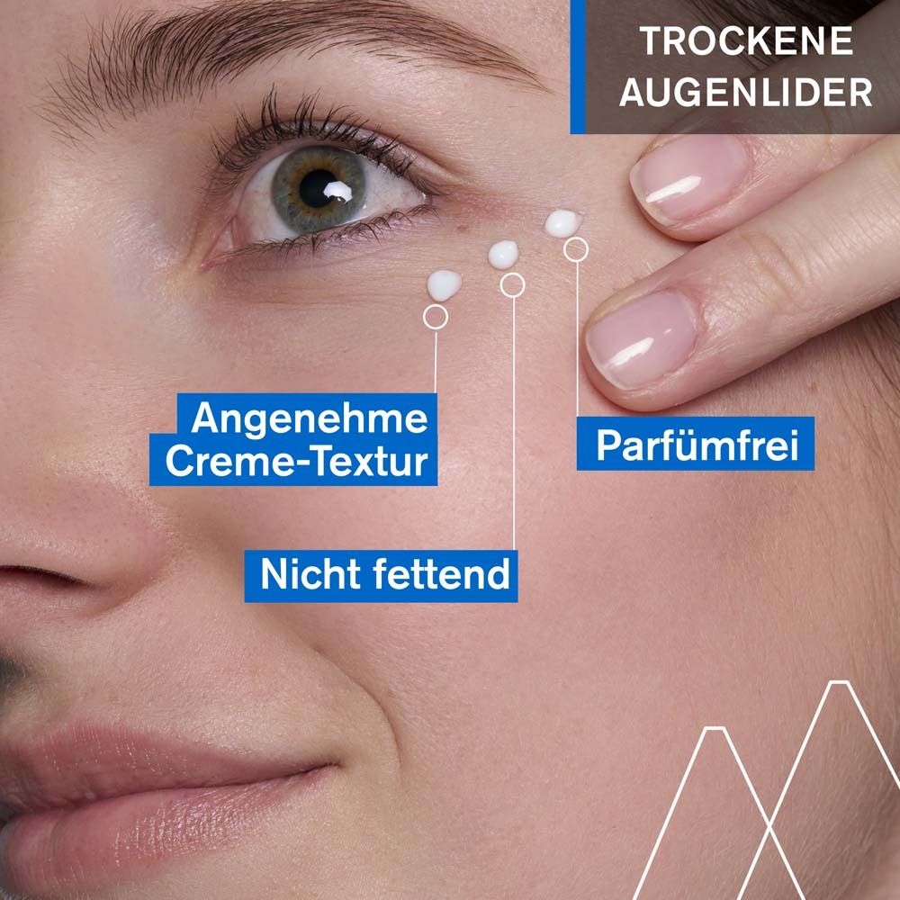 Nahaufnahme eines Auges. Punkte zeigen Creme-Textur, nicht fettend, parfümfrei. Text: Trockene Augenlider.