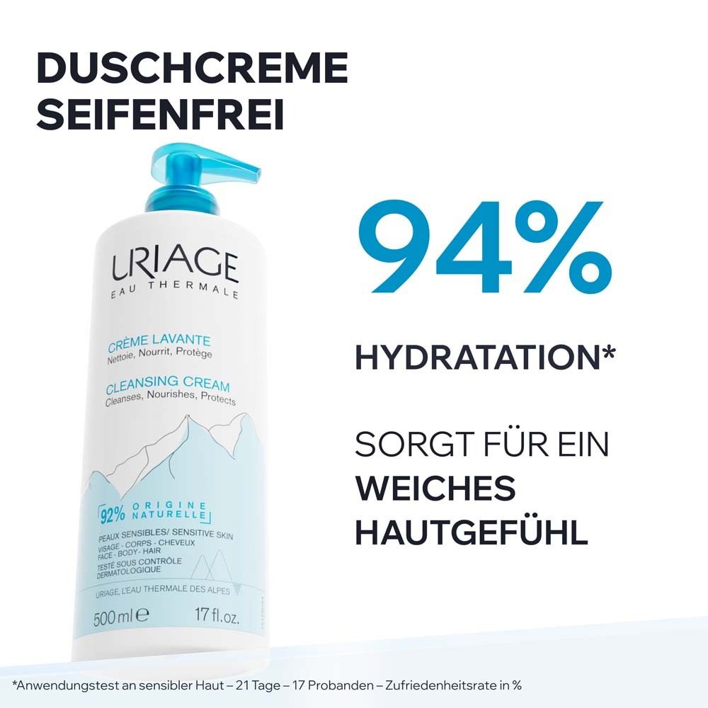 Uriage Duschcreme seifenfrei, 500ml Flasche mit blauem Pumpverschluss. 94% Hydratation.