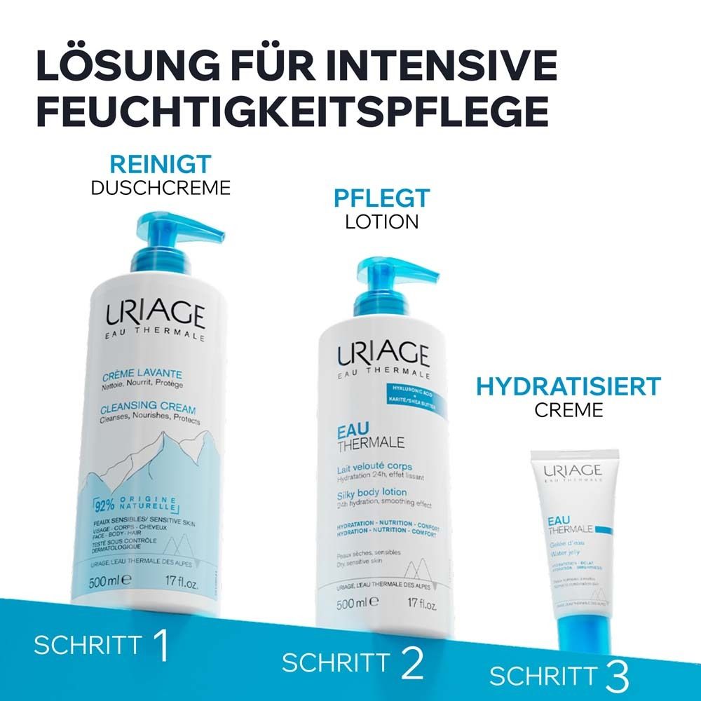 Uriage Reinigungsprodukte: Duschcreme, Lotion, Creme. Schritt 1, 2, 3. Für intensive Feuchtigkeitspflege.