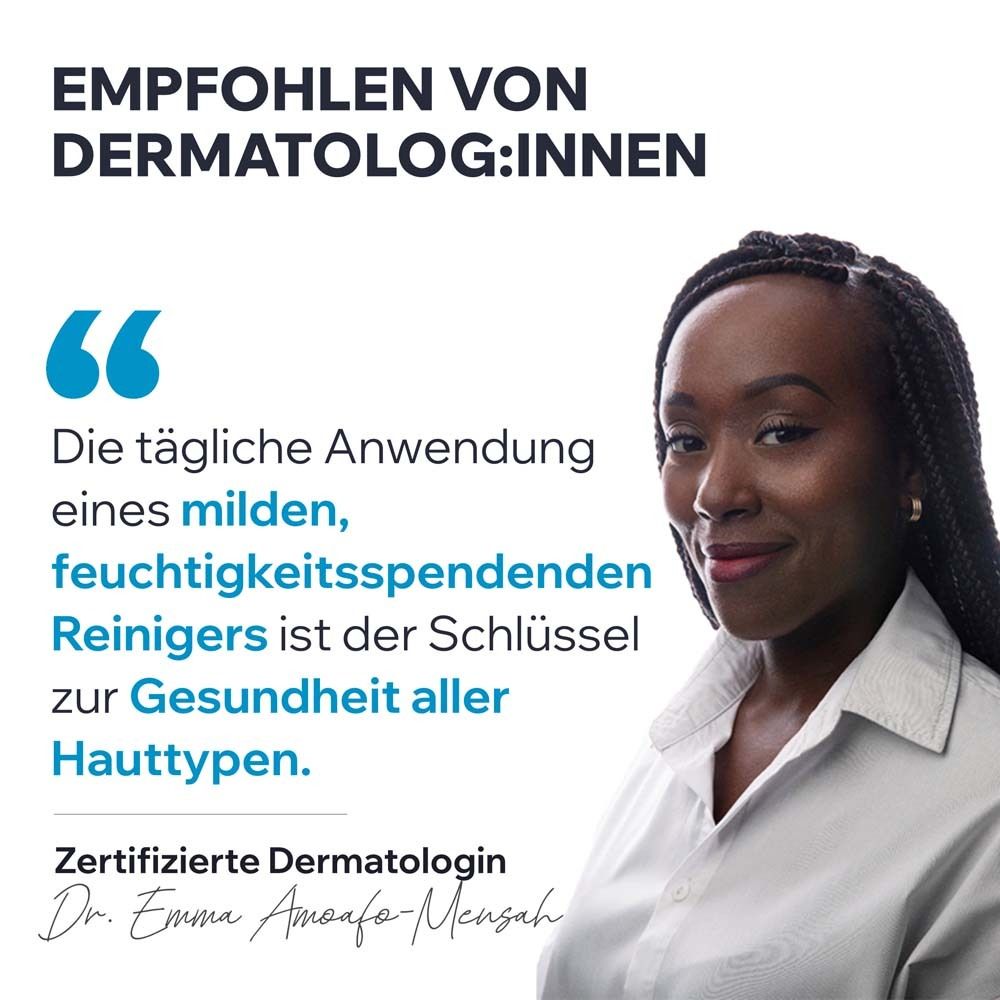 Zertifizierte Dermatologin empfiehlt tägliche Anwendung eines milden, feuchtigkeitsspendenden Reinigers.