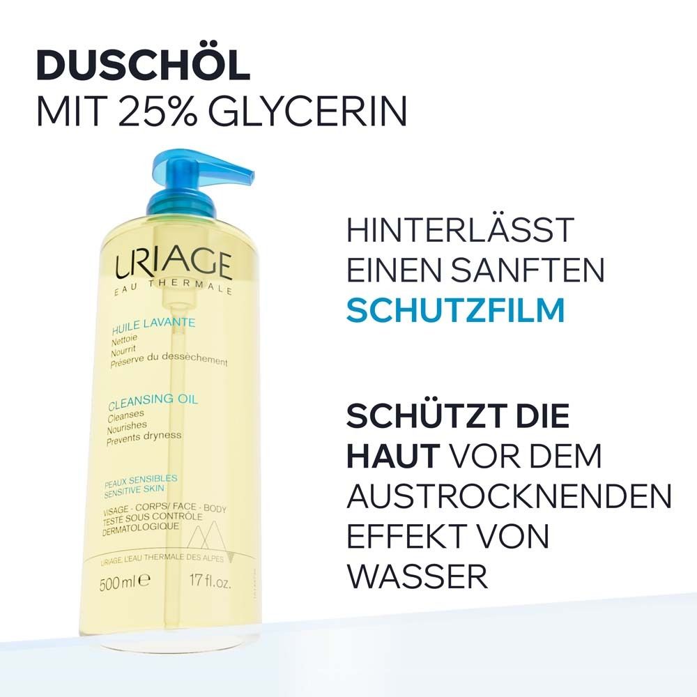 Uriage Duschöl-Flasche mit blauem Pumpkopf. Text: Duschöl mit 25% Glycerin. Schützt die Haut vor Austrocknung. Hinterlässt einen Schutzfilm.