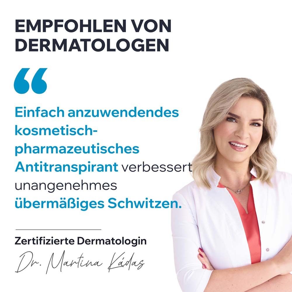 Frau mit weißem Kittel. Text: Einfach anzuwendendes kosmetisch-pharmazeutisches Antitranspirant verbessert übermäßiges Schwitzen. Zertifizierte Dermatologin.