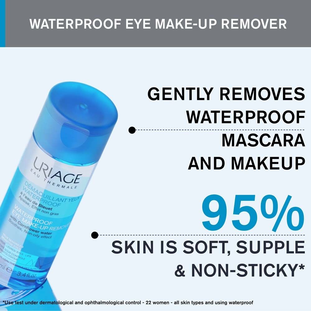Blaue Flasche mit Text: URIAGE, Augen-Make-up Entferner. Text: Entfernt Mascara und Make-up. 95% weiche Haut.