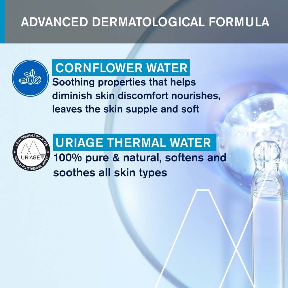 Grafik mit Text: Kornblumenwasser, Uriage Thermalwasser. Logos und Abbildungen von Inhaltsstoffen.